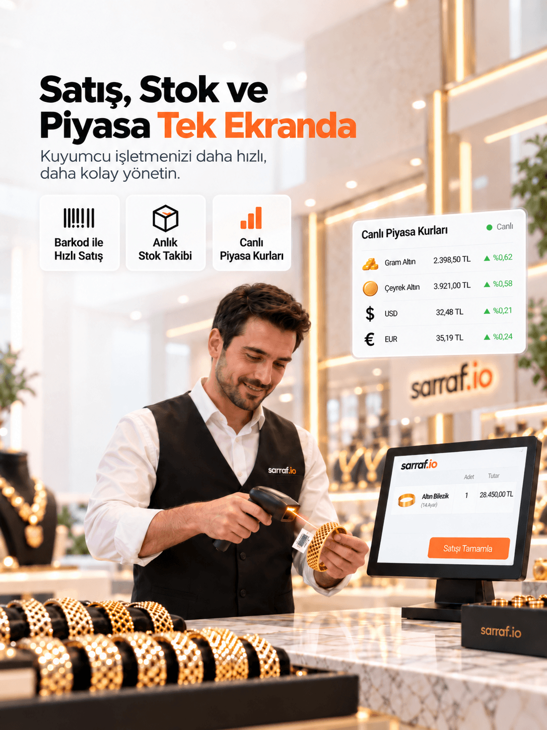 Sarraf kuyumculuk yönetimi; satış, stok ve canlı piyasa tek ekranda